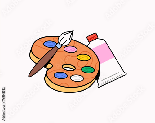 Cartoon vector illustration showing an artist wooden palette with multiple paint colors, a paintbrush, and a pink paint tube representing, art supplies, painting, and education, art studios