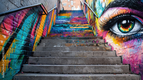 Concrete stairs ascending past a vibrant, colorful mural of a giant eye