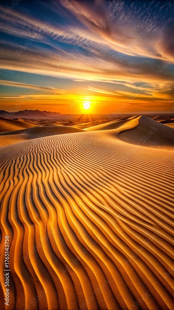 Naklejka premium Golden desert sand dunes sculpted by wind under a vibrant sunset sky