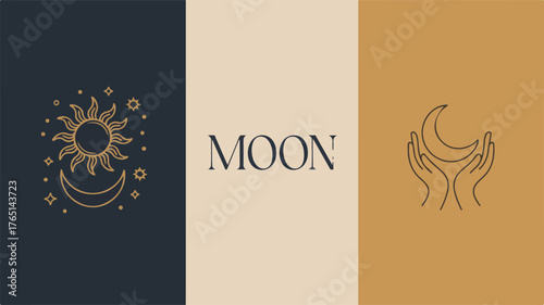 Celestial Sun and Moon Icon with Hands Holding Crescent Moon and Bold Text MON Keywords: celestial, sun, moon, stars, hands, holding, crescent, moon, text, word, MON, typography, graphic