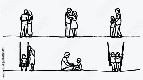 Line drawing family and relationship scenes in black and white illustration
