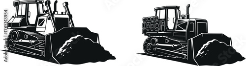 Black and white bulldozer illustrations, heavy construction machinery artwork, industrial vehicle design, earthmoving equipment drawing, civil engineering machine referenceBlack and white b