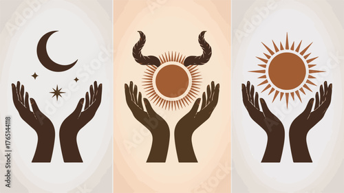Mystical Hands Holding Celestial Symbols Sun Moon Stars and Horns Keywords: hands, holding, celestial, sun, moon, stars, horns, crescent, mystical, spiritual, magic, esoteric, divine, cosmic