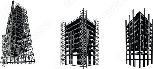 Building construction scaffolding illustration, architectural framework drawing, high‑rise structure sketch, modern building design artwork, engineering support beams and architecture