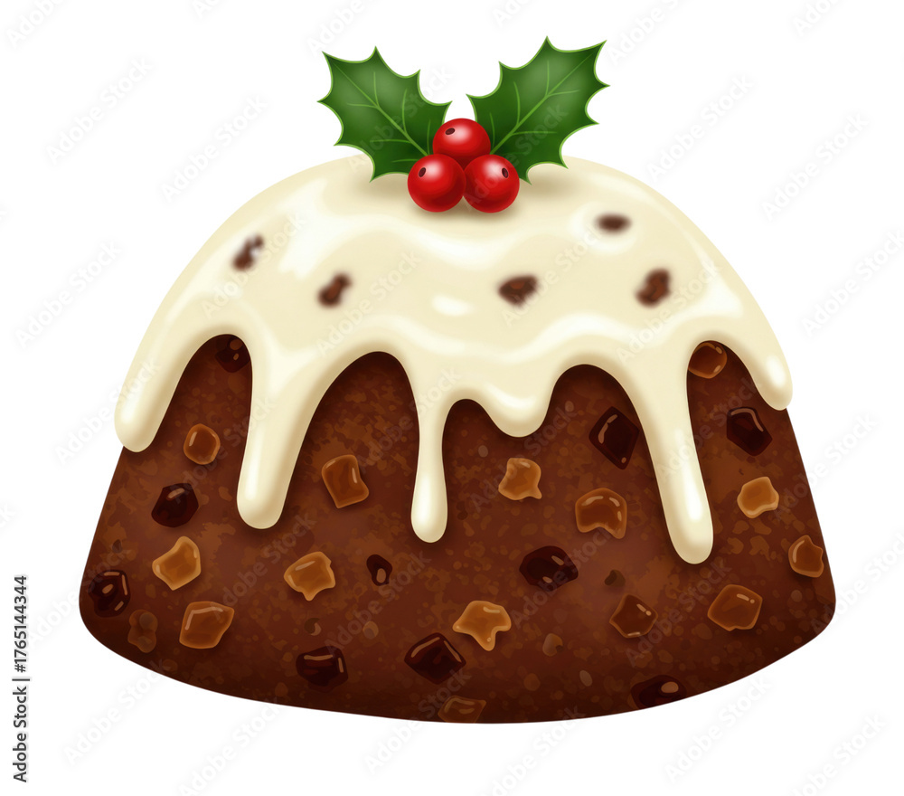 Fototapeta premium Christmas pudding with icing and holly transparent background cutout png