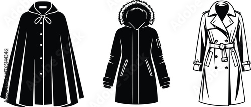 Coat illustration collection, cape coat drawing, parka sketch with fur hood, trench coat outline, fashion outerwear artwork, winter clothing design