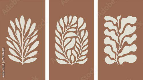 Three Vertical Panels with Beige Abstract Botanical Leaf Silhouettes on Brown Background vector illustration
