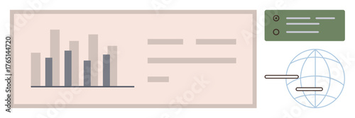 Bar graph, text blocks, global network icon, and interface panel suggest analysis, communication, and progress. Ideal for teamwork, data visualization, global tech business efficiency forecasting