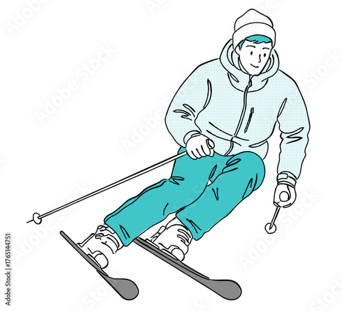 スキーをする男性の線画イラスト,ウィンタースポーツ,雪山,冬,アクティビティ,全身