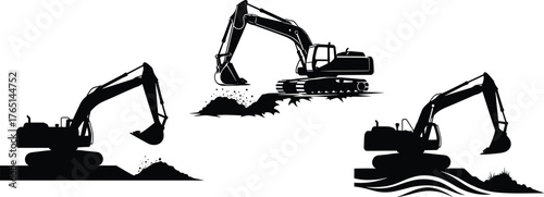 Excavator silhouettes in construction scenes, earthmoving machinery artwork, soil digging equipment illustration, heavy industrial vehicle design, civil engineering machine reference