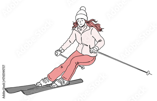 スキーをする女性の線画イラスト,ウィンタースポーツ,雪山,冬,アクティビティ,全身