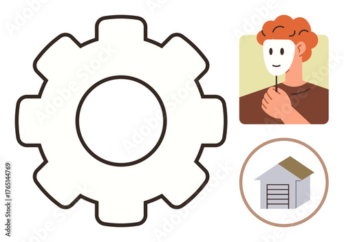 Gear outline symbolizes productivity, person holding mask illustrates identity or disguise, and storage shed focuses on organization. Ideal for identity, productivity, organization, symbolism