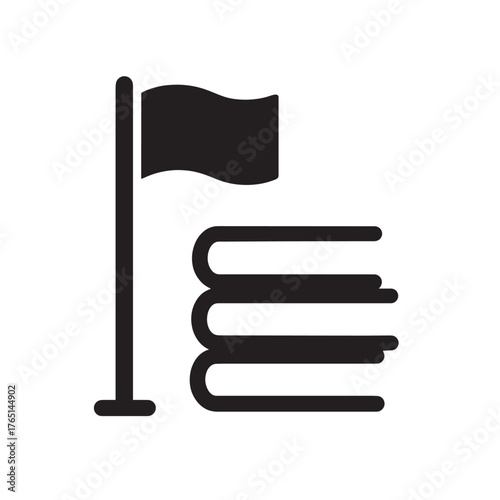 Black flag on pole next to stack of three books icon education