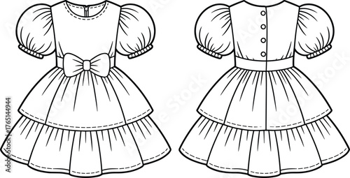 Girl’s party dress technical flat sketch, puff sleeve design with waist bow, tiered skirt layers, button back closure, and stitching details