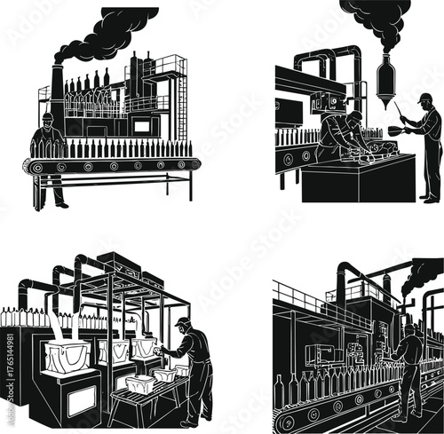 Glass bottle manufacturing process illustration, industrial factory machinery, workers operating equipment, molding and inspection stages, conveyor 