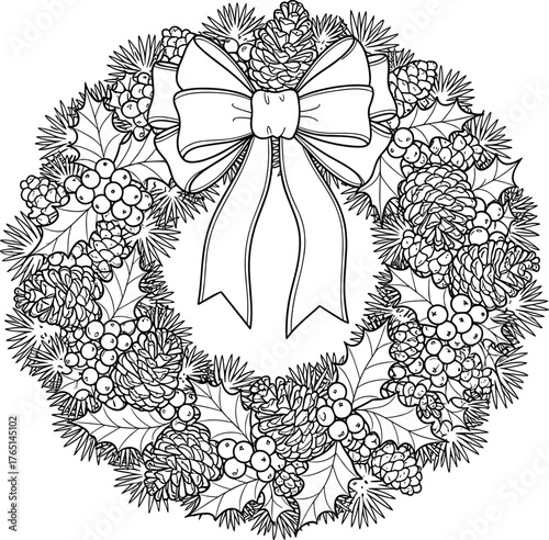 Elegant Holiday Wreath Illustration with Bow, Pine Cones, and Berries