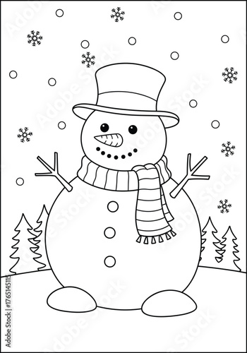 Adorable Snowman with Top Hat and Scarf in a Snowy Winter Landscape Coloring Page for Kids
