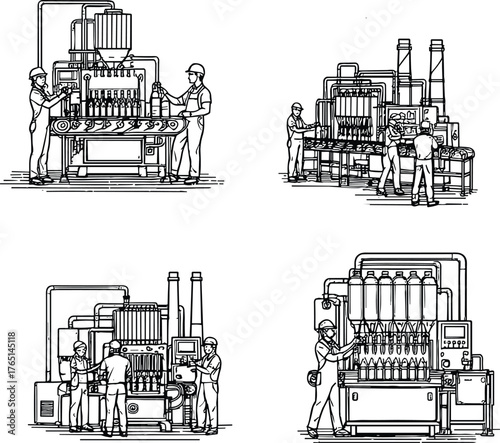Industrial bottling machine illustration, factory workers operating equipment, automated liquid packaging process, conveyor system, production line, manufacturing technology, workplace teamwork
