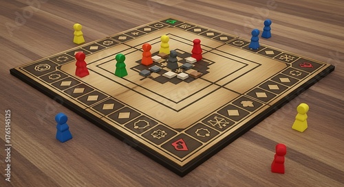 Wooden chess board with pieces set up for game