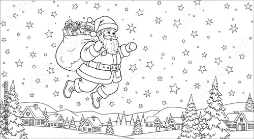 A delightful Christmas coloring page showing Santa Claus flying with his sack of gifts over a snowy winter village scene under a starlit sky