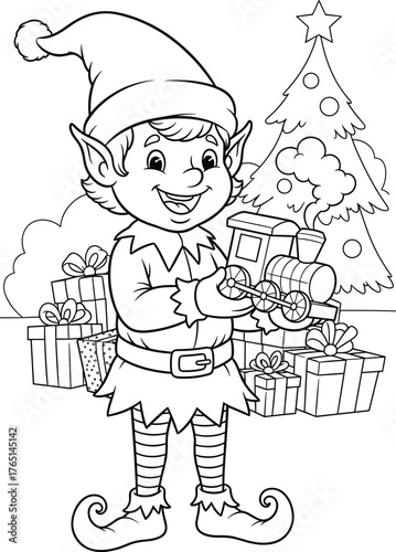 Christmas Elf Holding a Toy Train with Gifts and a Decorated Tree
