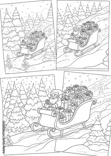 Festive Sleigh Ride Through Snowy Woods Santa Delivering Gifts in a Winter Wonderland Scene