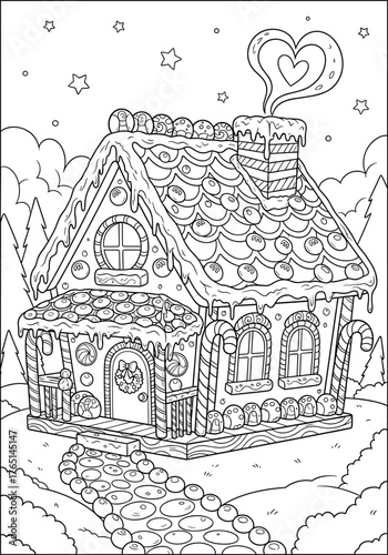 Gingerbread Dream House Coloring Page with Heart Smoke Chimney
