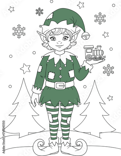 Christmas Elf Holding a Toy Train Illustration for Coloring