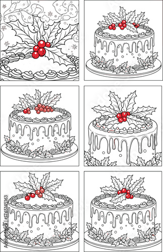Christmas cake coloring pages with holly berries and icing