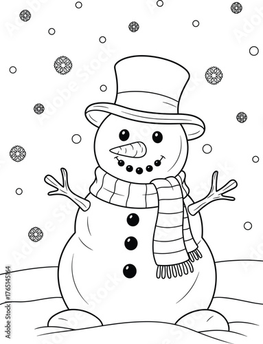 A cheerful snowman with a top hat and scarf stands in the snow, a black and white outline illustration for a winter coloring page activity