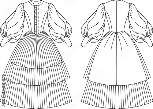 Historical women’s dress technical flat sketch, puff sleeve design with high neckline, fitted bodice, tiered pleated skirt, and back view
