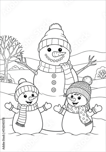 Black and white illustration of a festive gingerbread house decorated with frosting and candy canes, set against a snowy landscape
