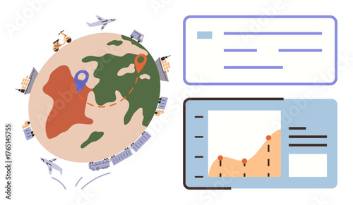 Earth with transport modes highlighting supply chains, data charts, and forms for monitoring. Ideal for global trade, logistics, analytics, supply chain management, transport tracking, business
