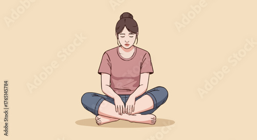 A woman meditating peacefully in a cross-legged position, finding inner calm and relaxation on a simple background.