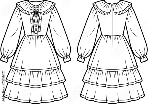 Technical fashion dress illustration, ruffled collar, puffed sleeves, lace‑up bodice, tiered skirt design, garment flat sketch, front and back view