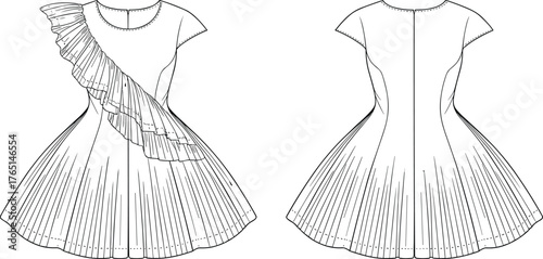Women’s dress technical flat sketch, short sleeve round neck design with diagonal ruffle detail, pleated skirt, fitted bodice, and back view