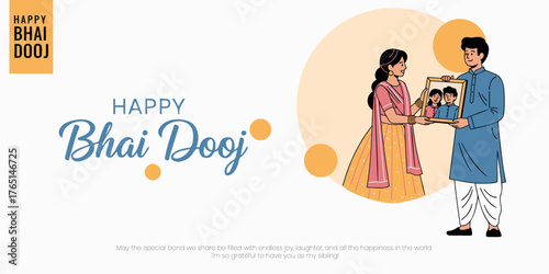 Happy Bhai Dooj banner illustration. A brother and sister stand facing each other; the sister in a salwar suit and the brother in a kurta and dhoti, sharing a cherished gift.