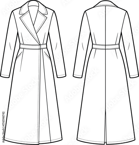 Women’s long overcoat flat sketch, fashion technical drawing front and back, tailored coat design with lapel collar, belted waist, full length