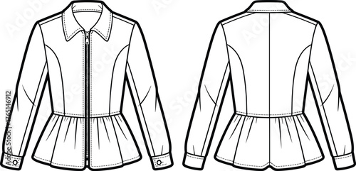 Women’s peplum jacket flat sketch, fashion technical drawing front and back, fitted bodice with zipper closure, shirt collar, long sleeve design