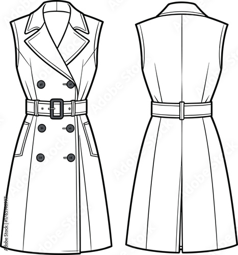 Women’s sleeveless trench coat dress flat sketch, double breasted design with notched lapel, belted waist, welt pockets, and back view