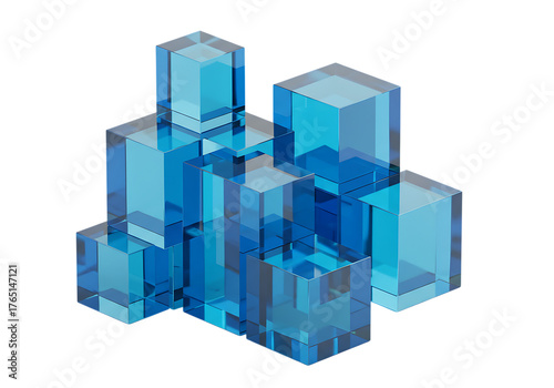 Translucent blue cubes isolated on transparent background forming abstract structure