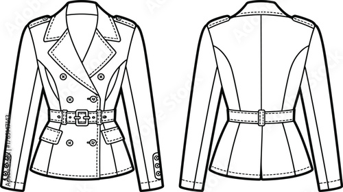 Women’s trench coat flat sketch, fashion technical drawing front and back, double breasted design with lapel collar, belted waist, flap pockets