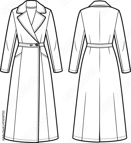 Women’s trench coat flat sketch, fashion technical drawing front and back, double breasted design with lapel collar, belted waist, long sleeve