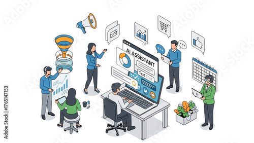 Team collaborating on AI-powered assistant and data analysis for business