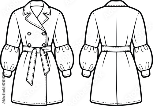 Women’s trench coat flat sketch, fashion technical drawing front and back, double breasted style with lapel collar, belted waist, puff sleeve