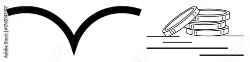 Black bird silhouette symbolizes freedom while three stacked coins reflect financial success and stability. Ideal for business, finance, success, investment, freedom, economic growth, simplicity as