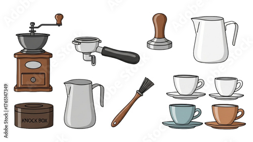 Colorful illustrated collection of essential barista tools for making delicious coffee