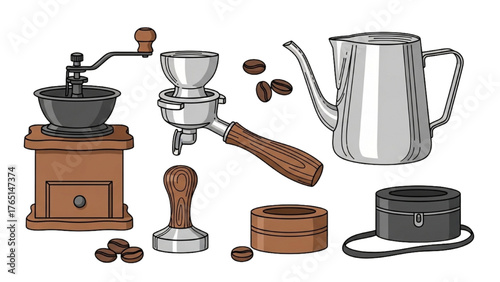 Coffee Preparation Equipment Illustration Grinder, Pot & Beans