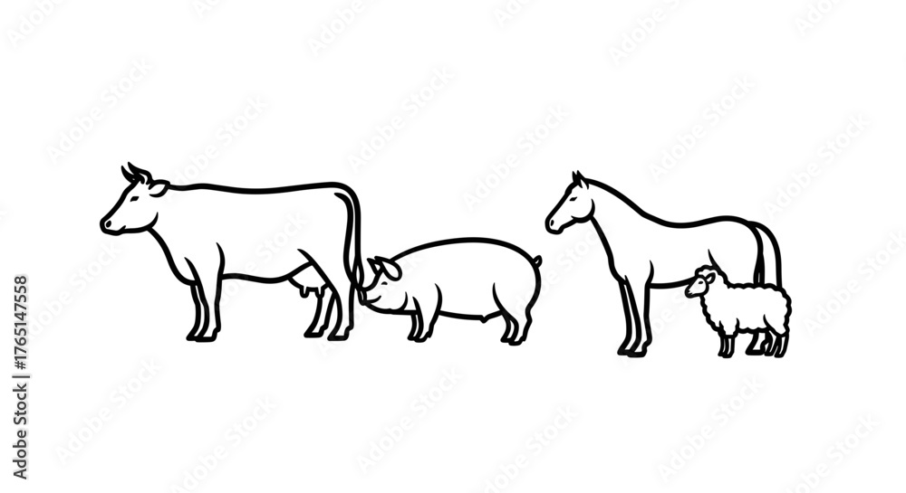 Fototapeta premium Vector art of farm animals standing together, vector illustration