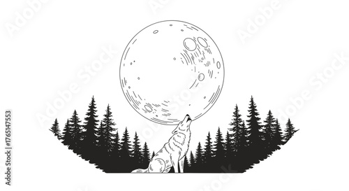 Vector art of wolf howling at the moon in a forest scene
